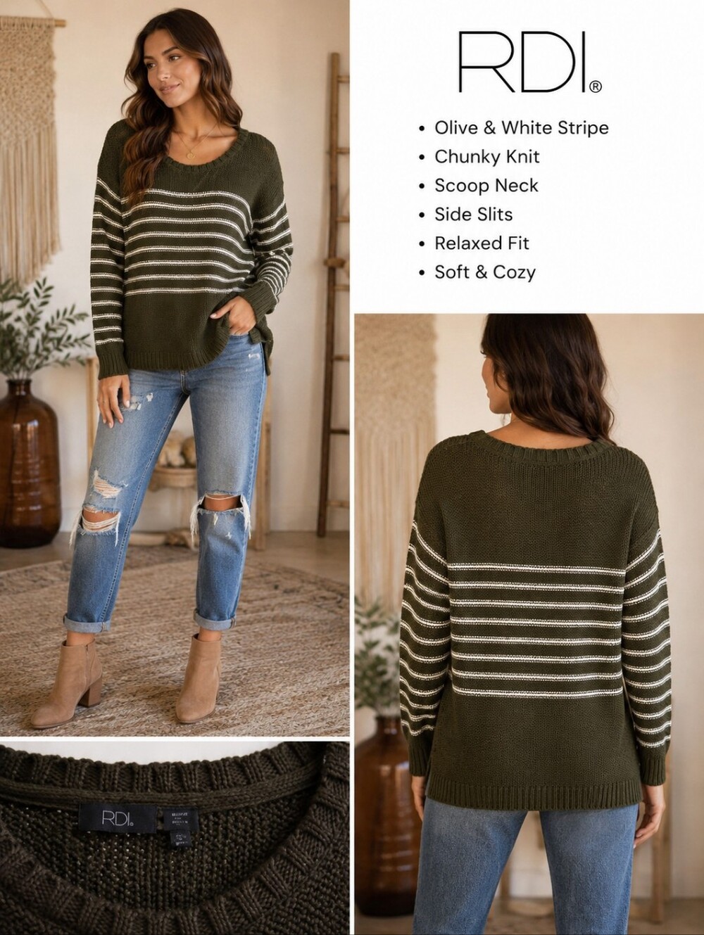 RDI Olive Green White Striped Chunky Knit Sweater Women's Scoop Neck Size Small